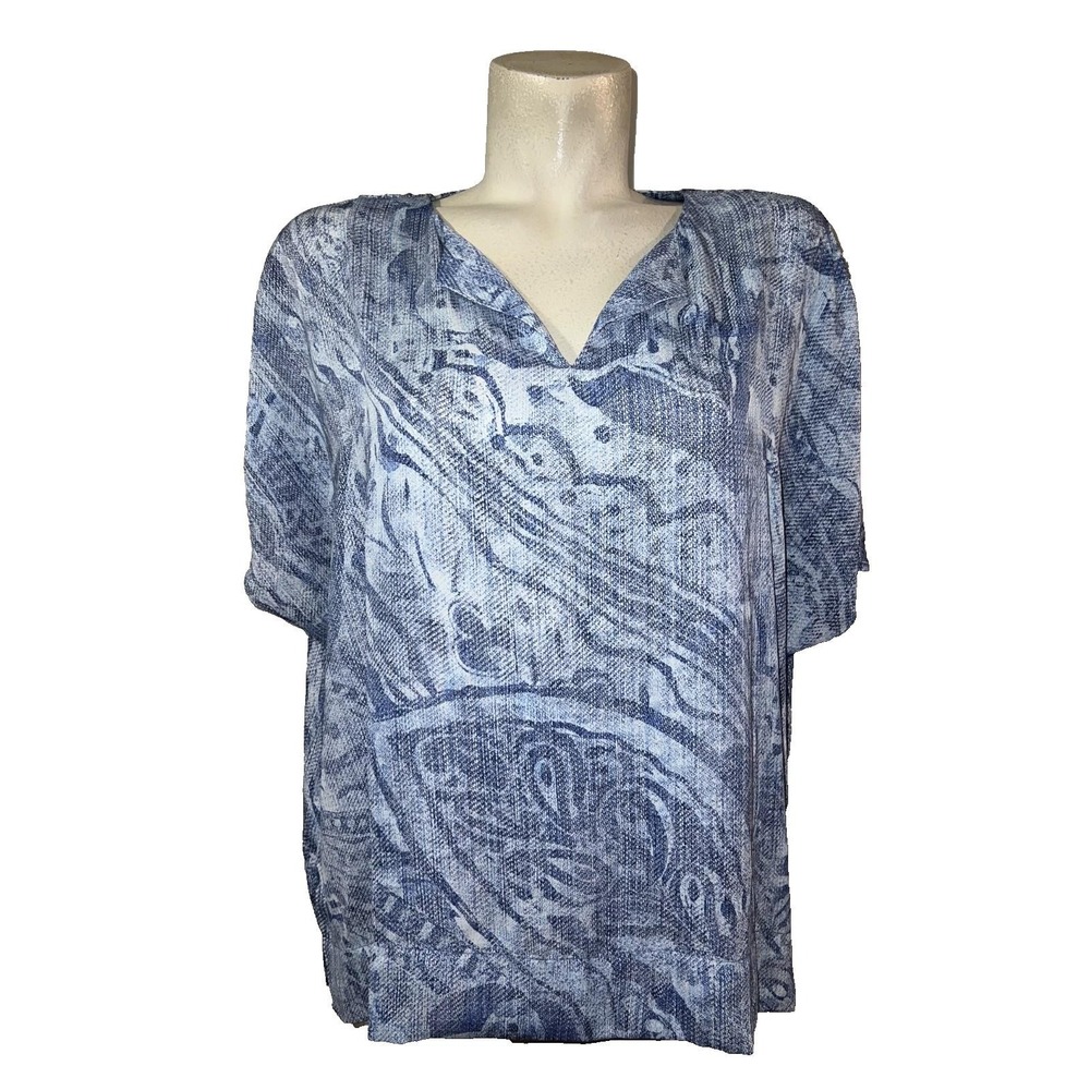 Chicos Top Size 2 L 12/14 Blue Printed Split-Neck Blouse Relaxed Dolman Tunic